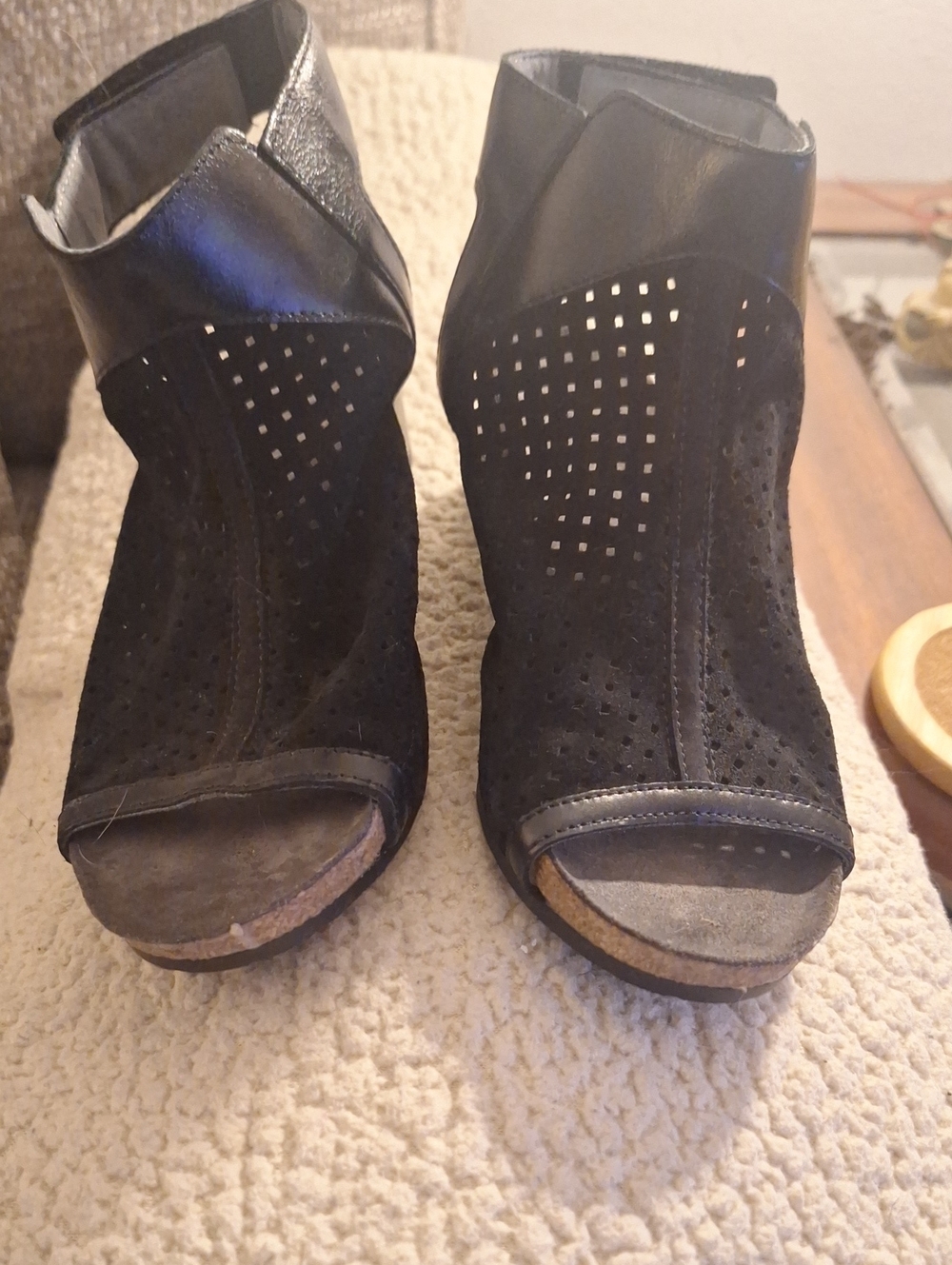 Source Unknown Black Perforated Open-Toe Wedge Ankle Boots